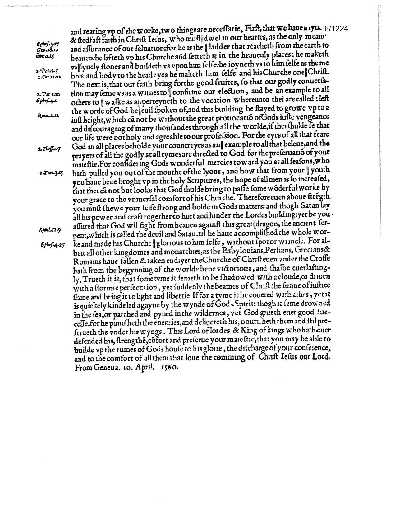 The 1560 Geneva Bible dedication, page 4, closing with an exhortation to Queen Elizabeth, dated from Geneva, 10 April 1560.
